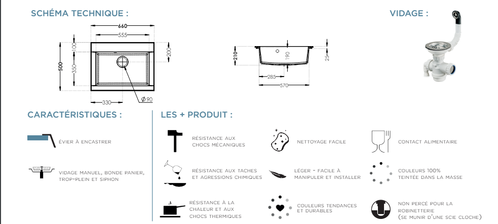 EVIER à encastrer HEXO-SMC-NOIR - 1 BAC - noir pailleté