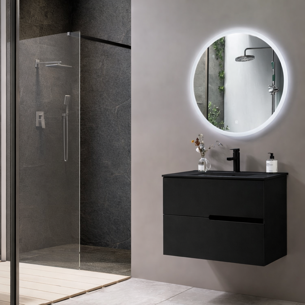 MEUBLE SALLE DE BAIN NOIR AVEC MIROIR LED MALUJA