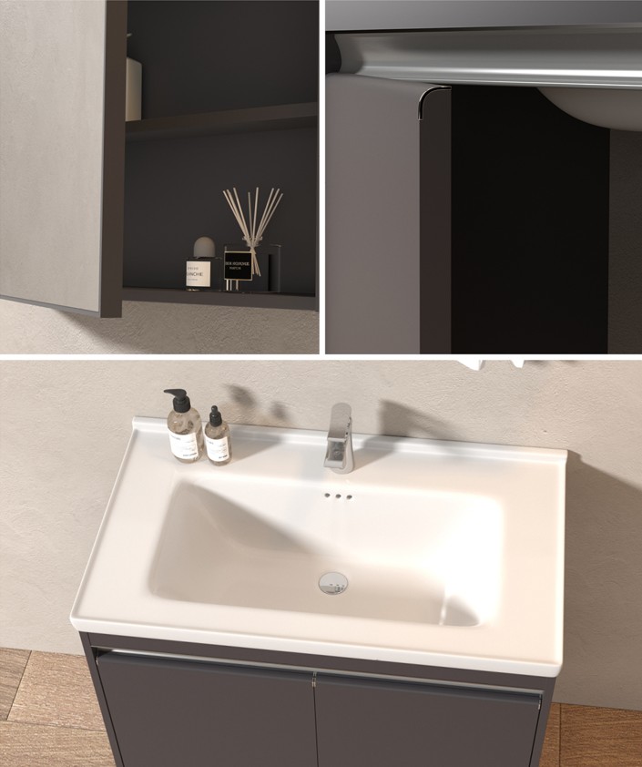 MEUBLE SALLE DE BAIN SIMPLE VASQUE AVEC MIROIR LED - TEJEN-GRIS-80