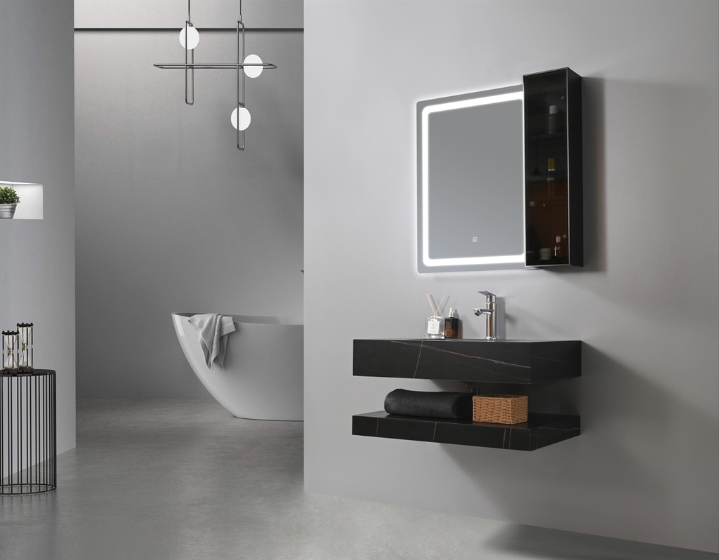 MEUBLE SALLE DE BAIN SIMPLE VASQUE NOIR AVEC MIROIR LED - FLAMME-80