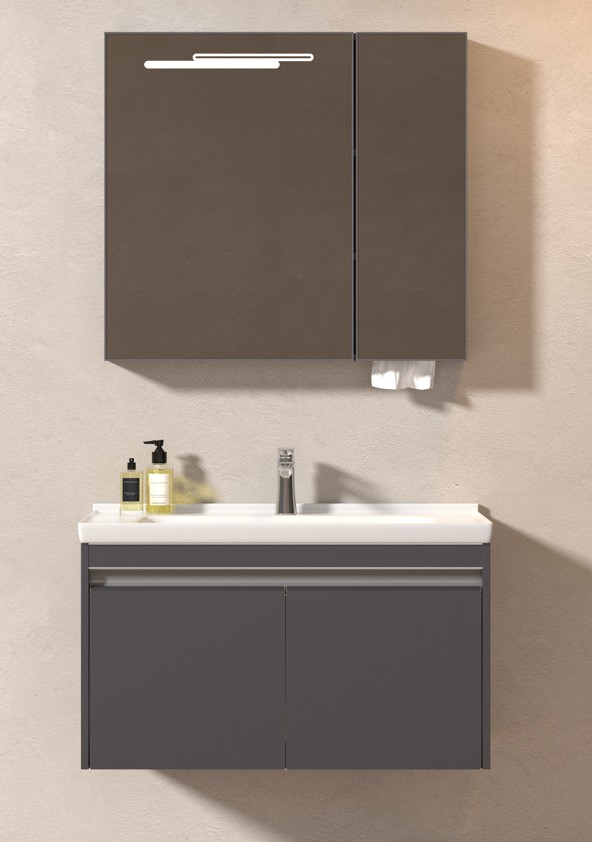 MEUBLE SALLE DE BAIN SIMPLE VASQUE AVEC MIROIR LED - CHANAZ-GRIS-80
